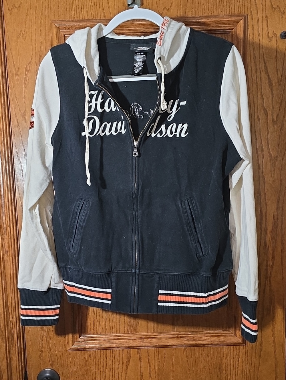 Harley-Davidson Black & Cream Womans Zip-Up Hoodie with Orange Stripe Accents